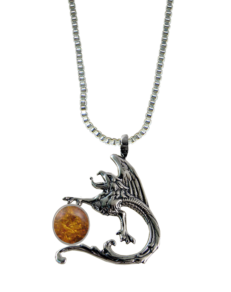 Sterling Silver Tattoo Dragon Pendant With Amber